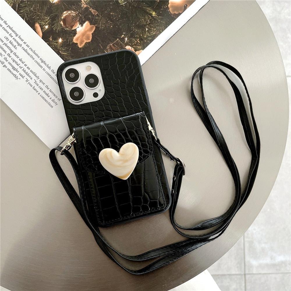 Jolie Coque de Téléphone Noire de Luxe pour iPhone 12 13 Mini 7 8 Plus 11 Pro Max X XS XR avec Dragonne, Porte-Cartes et Bandoulière Réglable