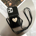 Jolie Coque de Téléphone Noire de Luxe pour iPhone 12 13 Mini 7 8 Plus 11 Pro Max X XS XR avec Dragonne, Porte-Cartes et Bandoulière Réglable