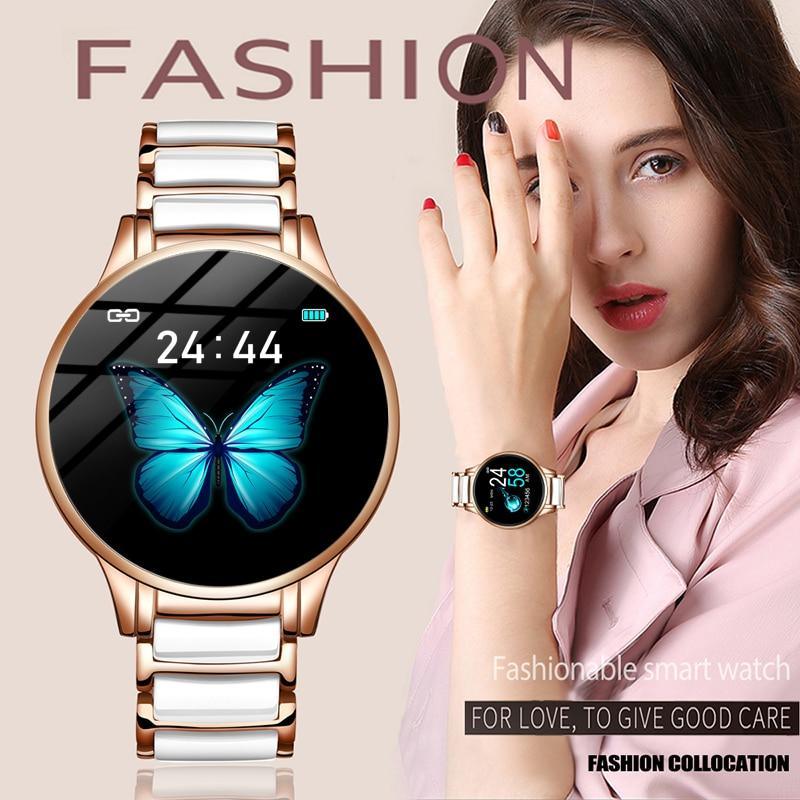 Nouvelle montre connectée de sport en céramique pour femme avec moniteur de fréquence cardiaque et de tension artérielle pour systèmes Android et iOS, bracelet en acier multifonctionnel