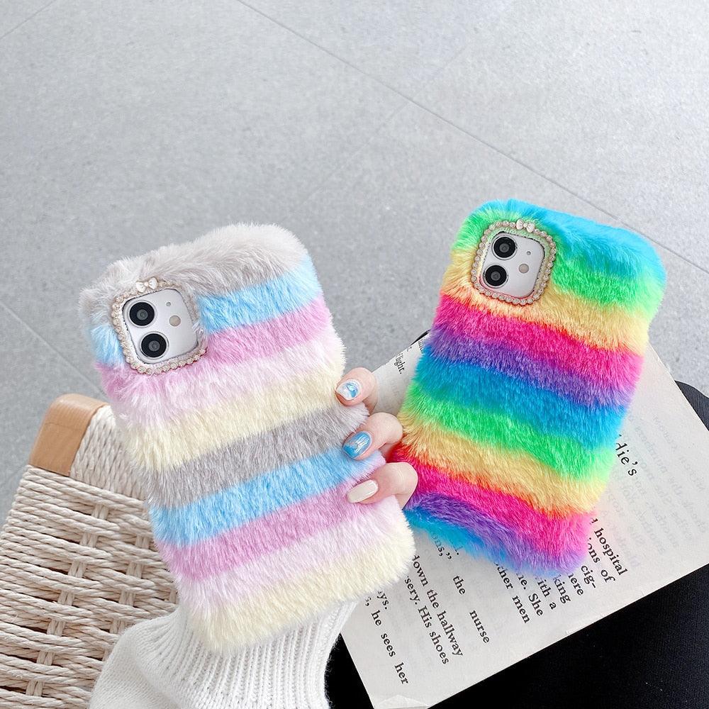Étui cadeau Fashion Lady pour iPhone 14 13 12 XS Max XR X 11 Pro Max SE Coque chaude en fourrure duveteuse pour iPhone 6 7 8 Plus Coque de téléphone Housse arrière de protection en fourrure duveteuse