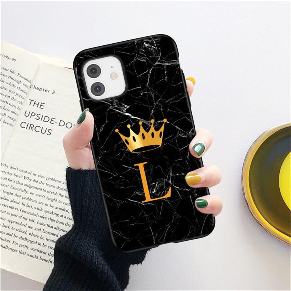 Étui de téléphone à la mode en silicone souple noir marbré de luxe avec lettre couronne pour iPhone 13 Pro Max 13 Mini Étui antichoc Mince et ajusté Housse arrière de téléphone portable noire
