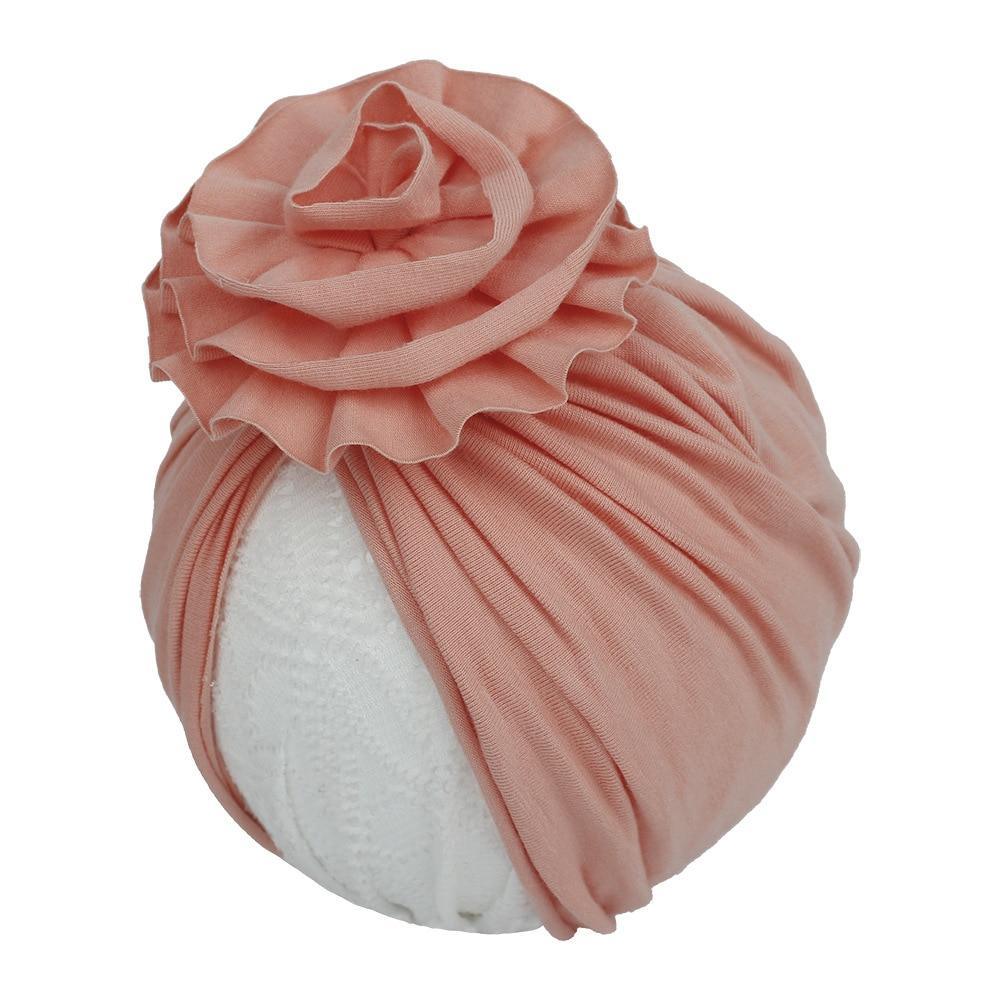 Turban pour bébé fille en coton tricoté, fait main avec fleur plissée, style élégant