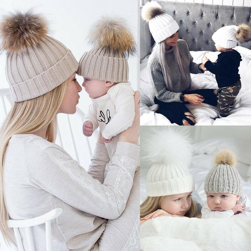 Bonnet en tricot chaud et doux pour bébé garçon, bébé fille et maman, avec pompon, assorti pour adulte et enfant