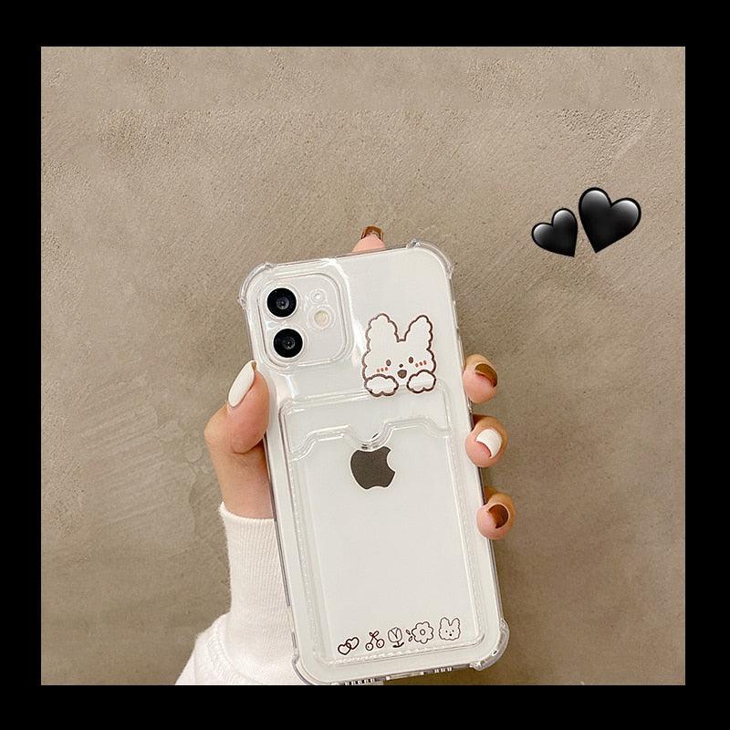 Coque de Téléphone Anti-choc Lapin Dessin Animé Ours Mignon pour iPhone 11 12 13 14 Pro Housse Souple Rigolote Ours Mignon Etui Souple et Mince avec Fente pour Cartes Esthétique Porte-Cartes