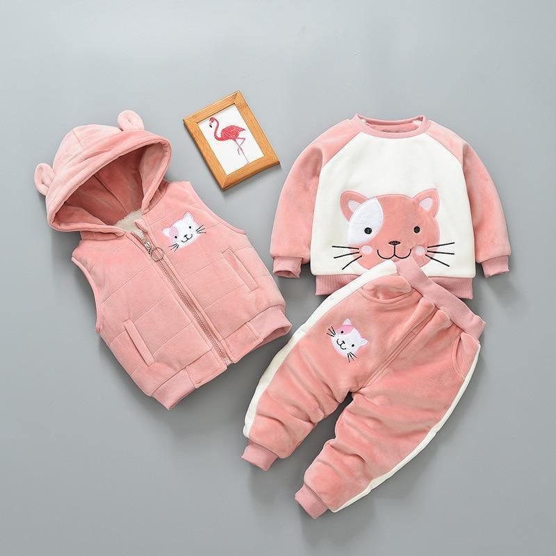 Vêtements pour bébé épais et chauds d'hiver, ensemble trois pièces avec pull à capuche imprimé ours et renard de dessin animé pour bébé fille, pull et pantalon