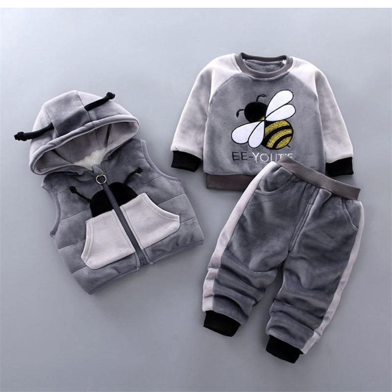 Vêtements pour bébé épais et chauds d'hiver, ensemble trois pièces avec pull à capuche imprimé ours et renard de dessin animé pour bébé fille, pull et pantalon