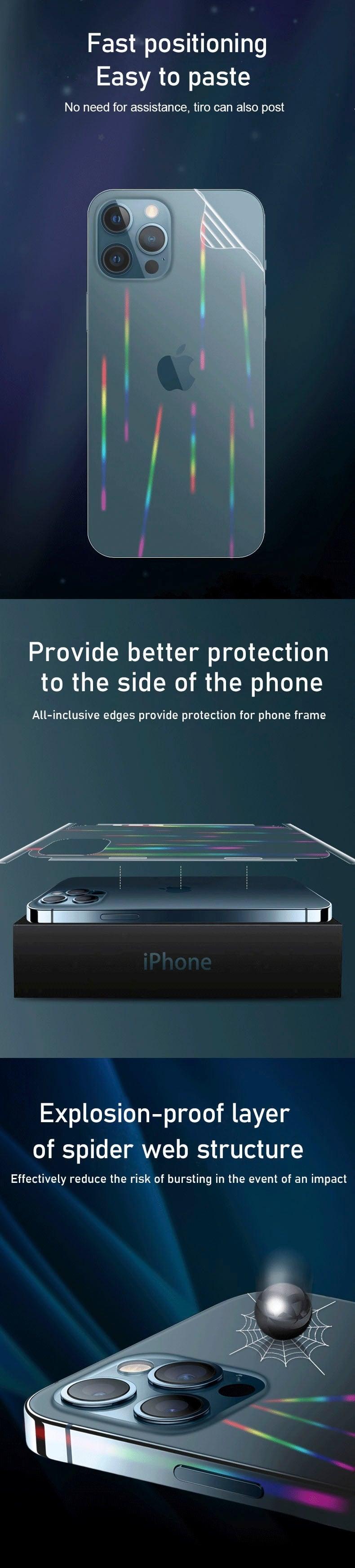 Film Hydrogel Aurora Laser Dégradé pour iPhone 13 11 12 Pro Max Mini X XS XR 7 8 Plus SE 2, Protection d'écran Souple, Coque Arrière Complète, Fine et Anti-Rayures pour iPhone