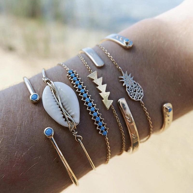 Bracelets Glandes Bohémiens Dorés Pour Femmes Coquillage d'Été Pierre de Cristal Transparente Bijoux de Luxe