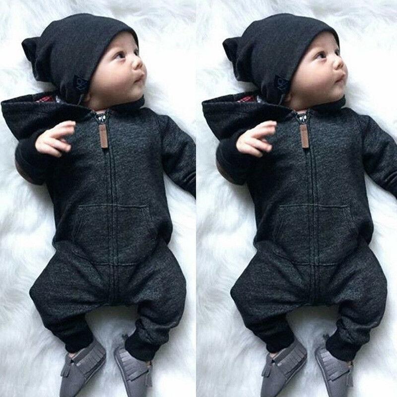 Barboteuse grenouillère unisexe chaude à capuche en coton à manches longues et fermeture éclair pour bébés de 0 à 24 mois, style moderne