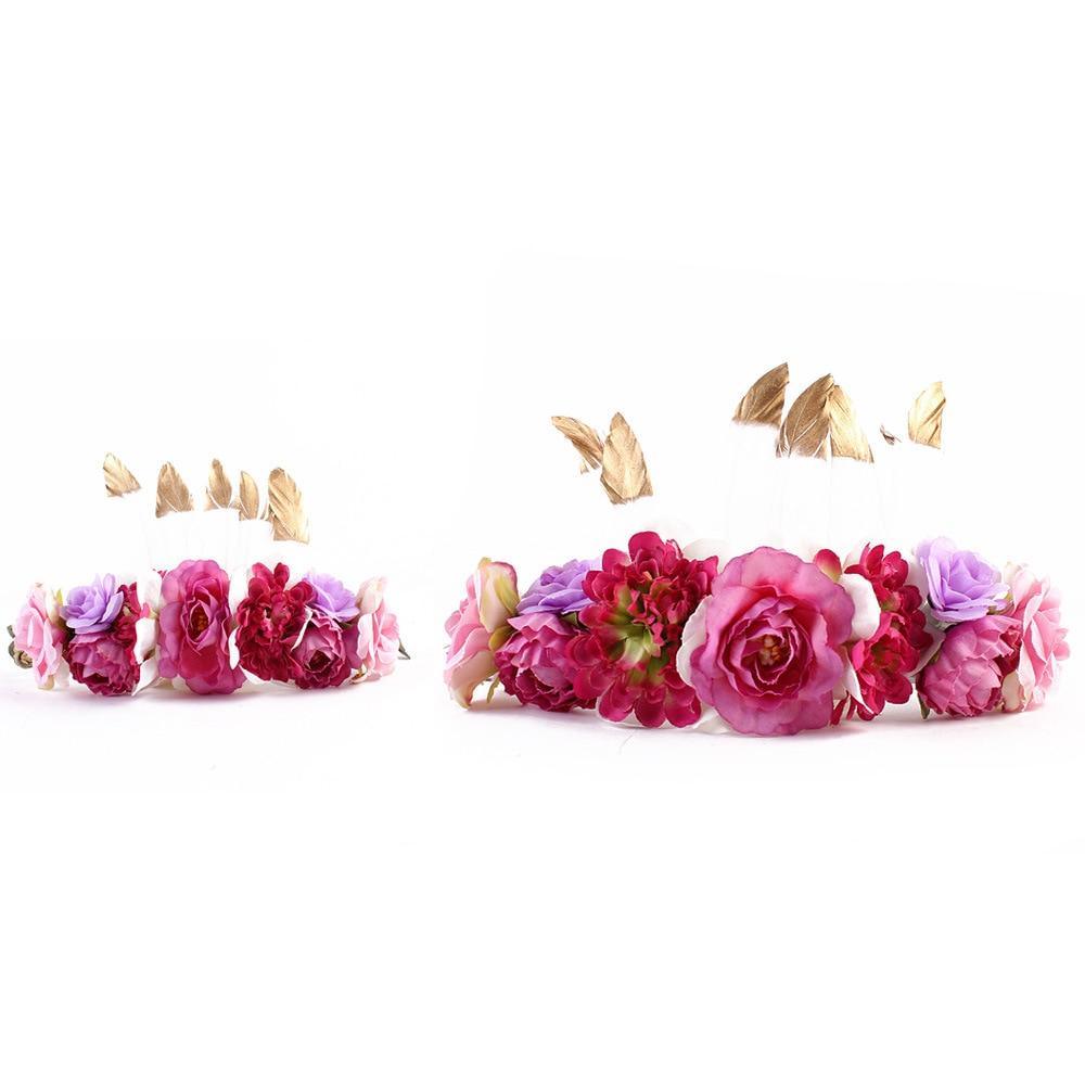 Coiffe de luxe moderne brésilienne en plumes et fleurs pour bébé et maman, bandeau floral européen pour mère et fille