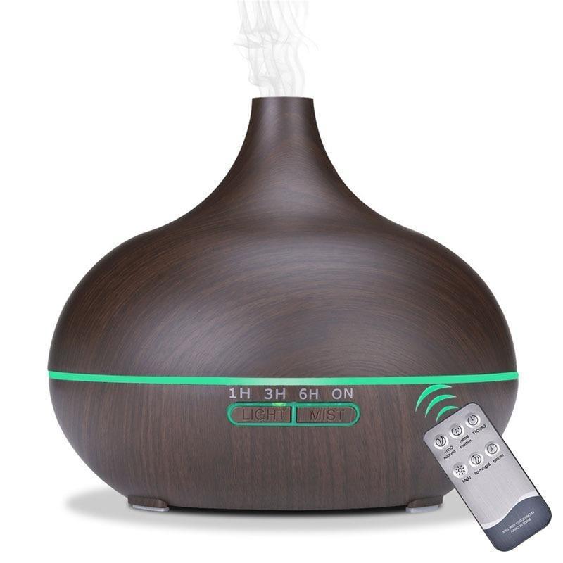 Diffuseur d'huile essentielle d'aromathérapie 550 ml grain de bois télécommande humidificateur d'air ultrasonique brume froide avec lumière LED 7 couleurs pour chambre de bébé, arrêt automatique sans eau, 7 couleurs de lumières changeantes