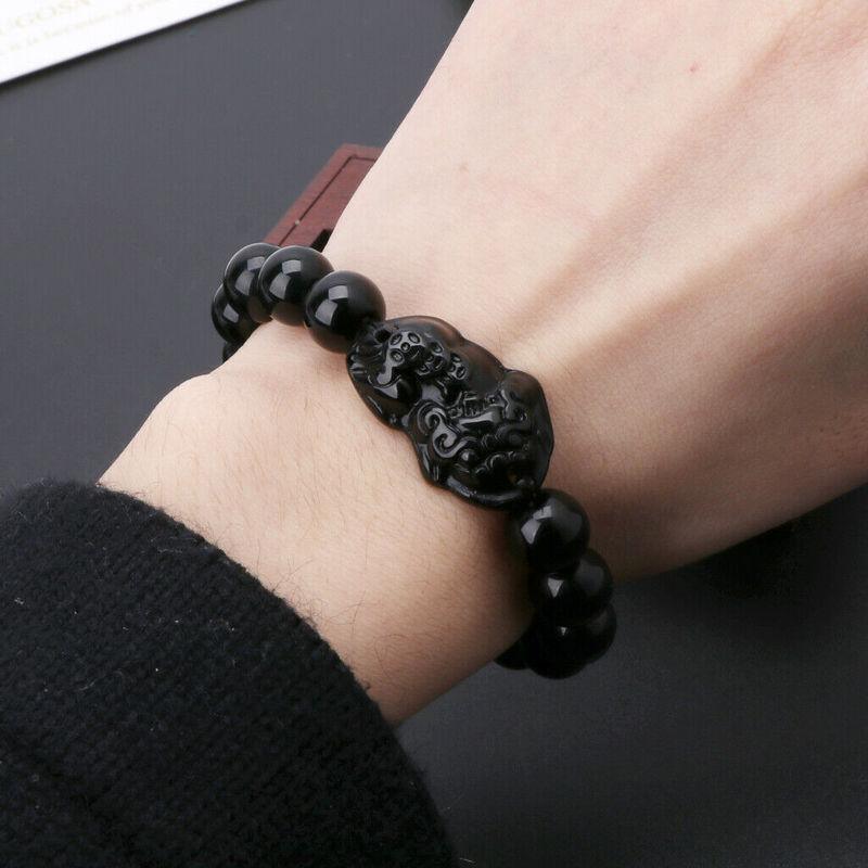 Bracelet de perles en obsidienne pour hommes et femmes, unisexe, Pixiu doré et noir, richesse et bonne chance