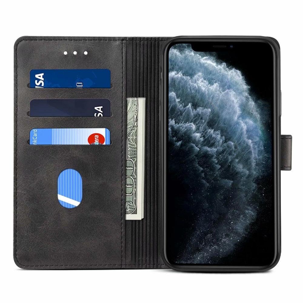 Étui à Rabat Magnétique en Cuir Rouge de Luxe pour iPhone 14 12 13 11 11 Pro Max XR XS Max X, Housse Portefeuille pour iPhone avec Emplacements pour Cartes, Béquille et Boucle Magnétique
