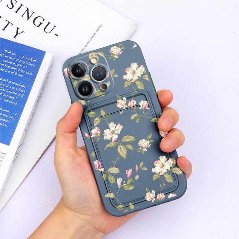 Magnifiques étuis en silicone souple anti-rayures pour iPhone 13 Pro Max. Étui portefeuille en silicone avec porte-cartes pour iPhone 13 Mini, 13ProMax, 13Pro. Étui iPhone avec porte-cartes, motif fleur et papillon.