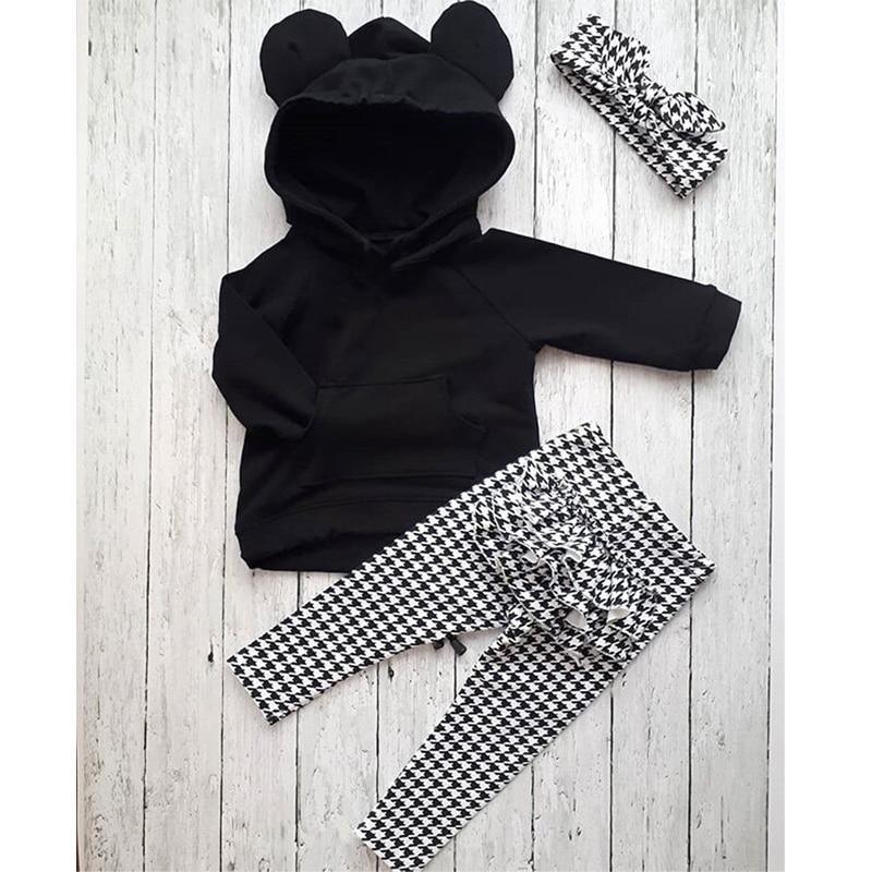 Ensembles de vêtements d'hiver 1-6 ans pour bébés filles, hauts à capuche noirs et pantalons à carreaux à volants avec bandeau, style moderne et nouveau