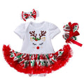Ensemble 3 pièces pour bébé : Robe grenouillère en coton motif cerf, avec chaussures à nœud.