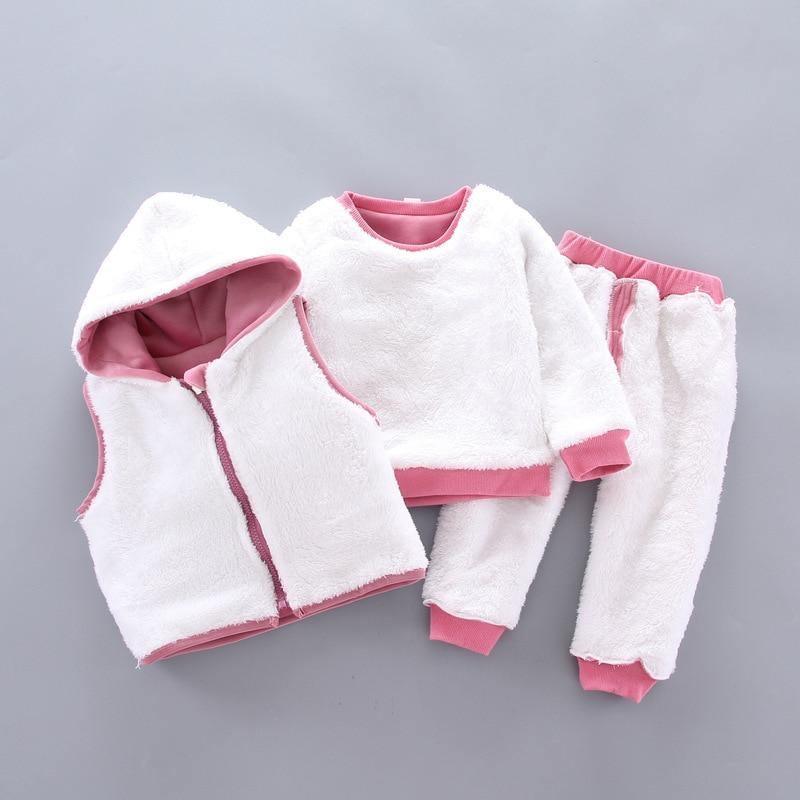 Vêtements pour bébé épais et chauds d'hiver, ensemble trois pièces avec pull à capuche imprimé ours et renard de dessin animé pour bébé fille, pull et pantalon