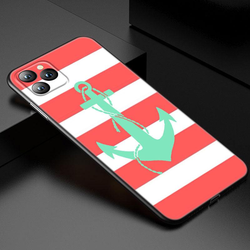 Coque de téléphone à roue de bateau ancre pour iPhone 13 12 Mini 11 Pro XS Max XR X 8 7 6S 6 Plus 5S 5 SE 2020 Housse noire Coque arrière rigide d'ancre personnalisée