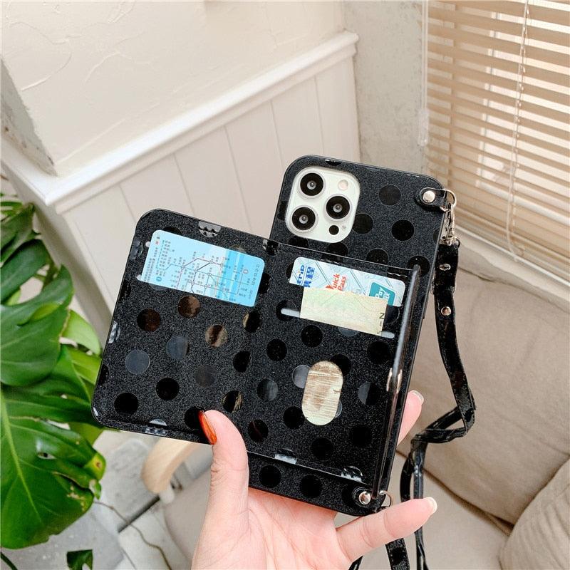 Étui de téléphone de luxe avec bandoulière et petits pois pour iPhone 14 14Pro Max 13 12 Mini 11 Pro XSXR 7 8 Plus, étui portefeuille en cuir avec porte-cartes, dragonne et pochette.