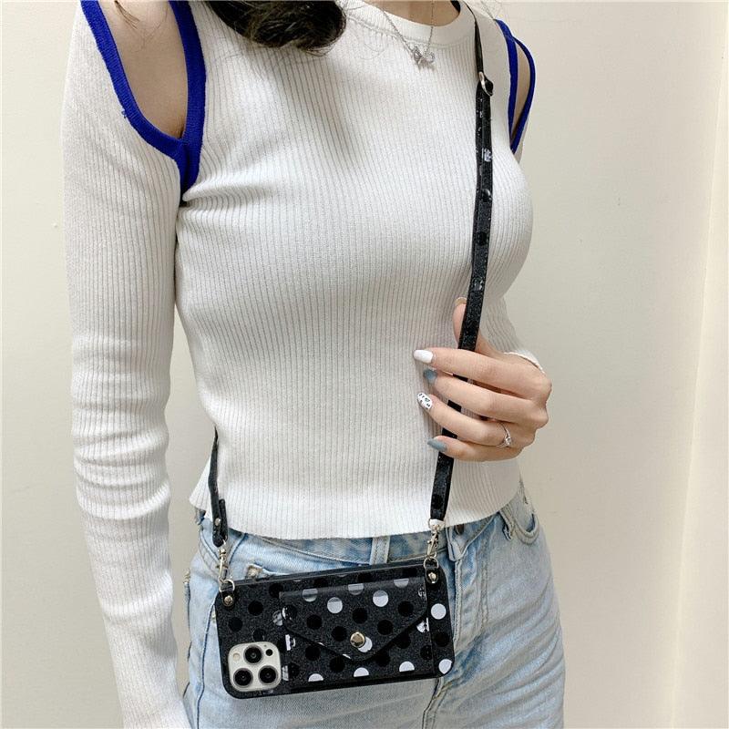 Étui de téléphone de luxe avec bandoulière et petits pois pour iPhone 14 14Pro Max 13 12 Mini 11 Pro XSXR 7 8 Plus, étui portefeuille en cuir avec porte-cartes, dragonne et pochette.