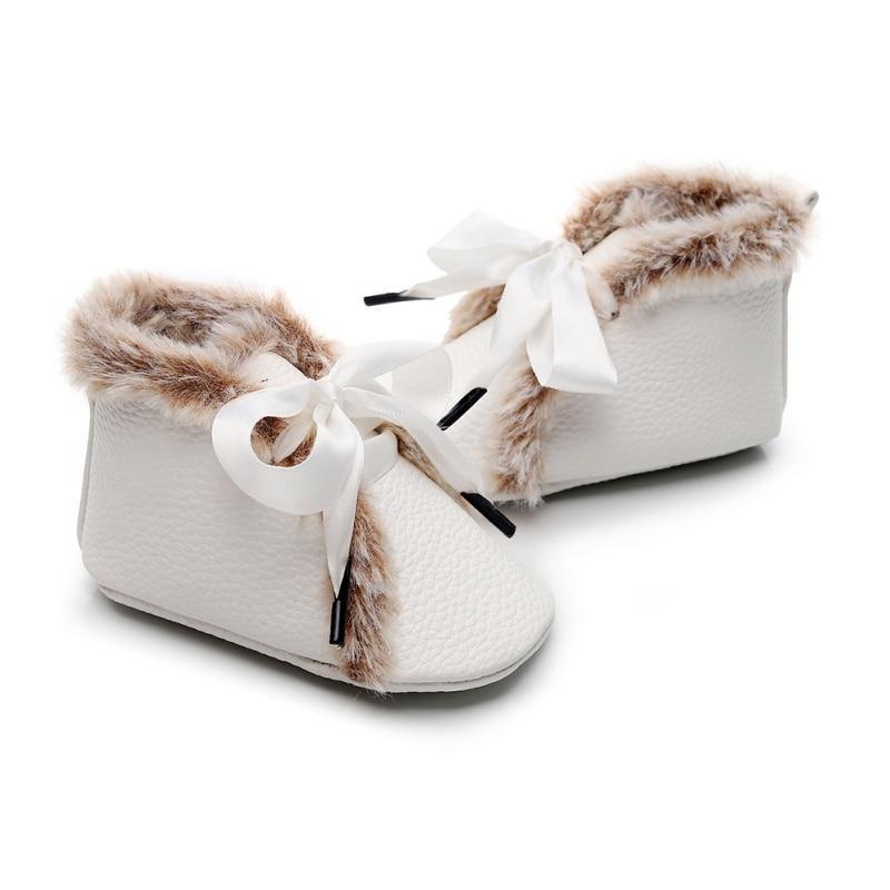 Bottes Bébé en PU Hiver Antidérapantes Chaudes Premiers Pas Semelle Souple Chaussons Bébé Nœud Papillon à Lacets