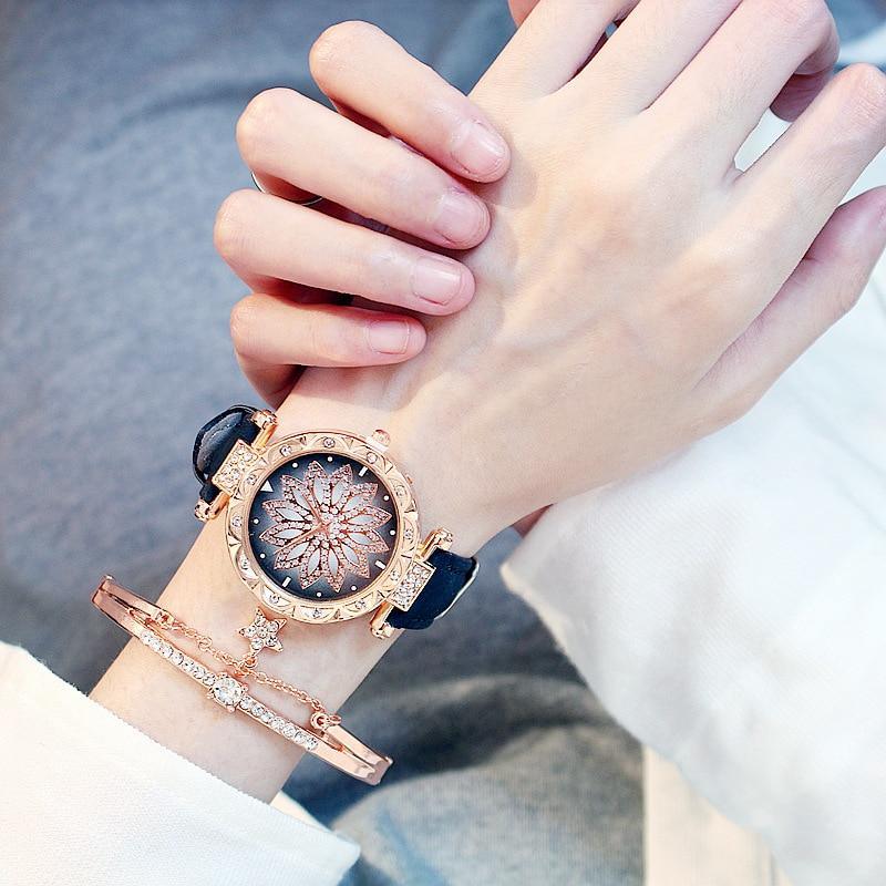 Ensemble de Montre Élégante et Populaire pour Femmes, Montre-Bracelet de Luxe Étoilée avec Bracelet en Cuir Décontracté à Quartz, Idéale pour Femmes et Filles