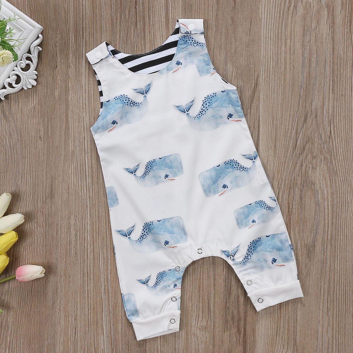 Grenouillère sans manches imprimé baleines pour bébés garçons, tenue de soleil d'été, barboteuse salopette combishort