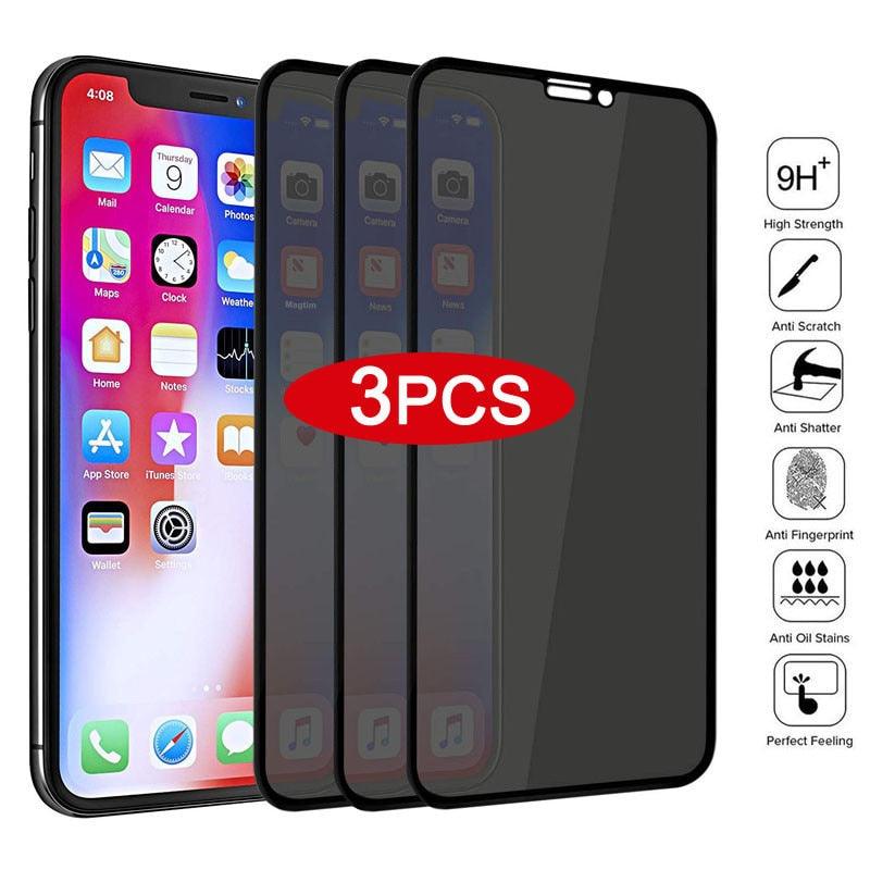 3 protections d'écran en verre trempé anti-espion pleine couverture bord noir pour iPhone 14 13 12 11 Pro MAX X XS Max XR 7 8 Plus Verre trempé colle complète bord à bord anti-rayures pour iPhone