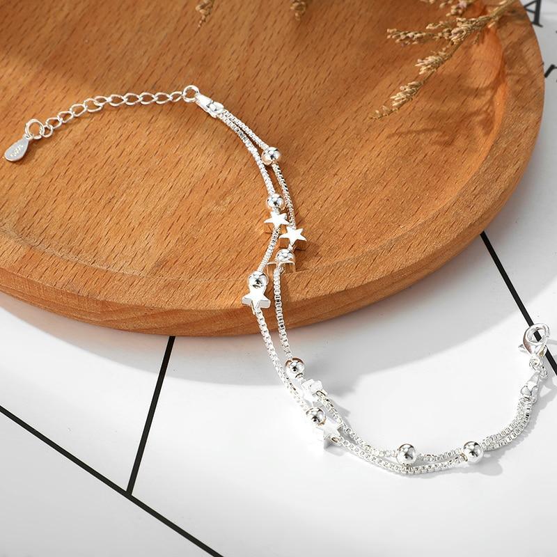 Nouveau Bracelet de luxe moderne en argent sterling 925 à double couche avec perles d'étoiles pour femmes, élégant bracelet à chaîne avec pendentifs, cadeau d'anniversaire (étoile argentée)