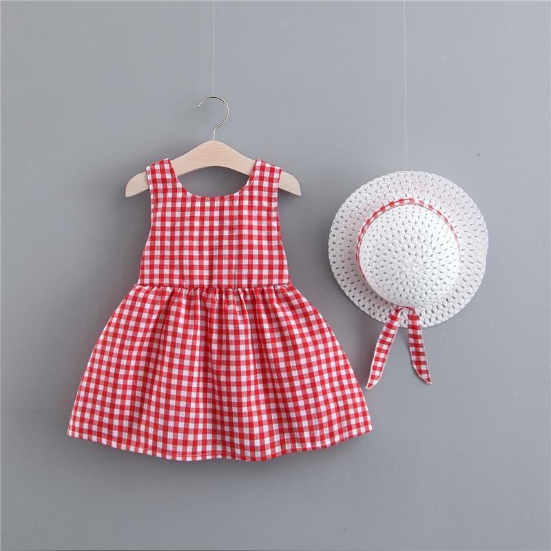 Robe de soirée d'été à carreaux avec nœud pour bébé fille, ensemble de 2 pièces (robe + chapeau)