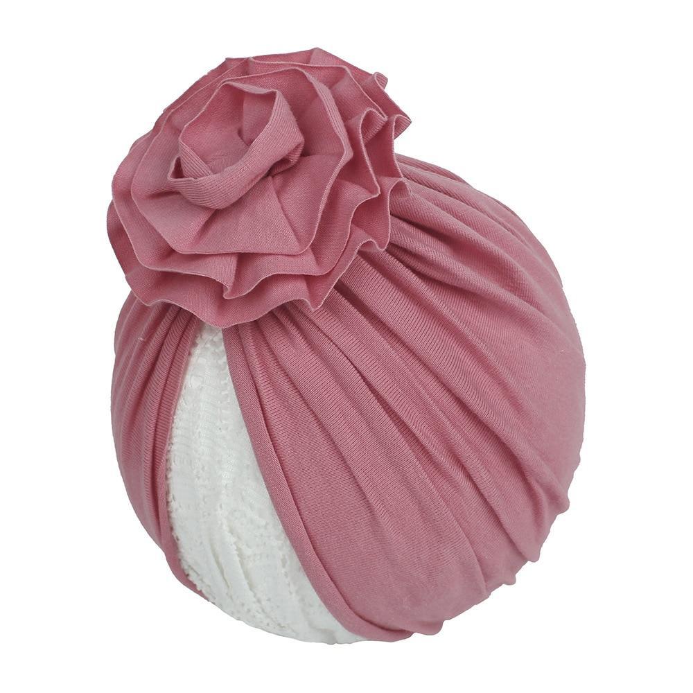 Turban pour bébé fille en coton tricoté, fait main avec fleur plissée, style élégant
