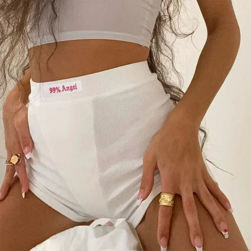 Shorts motard en tricot côtelé noir pour femmes, broderie lettre blanche, taille haute décontractée, style streetwear