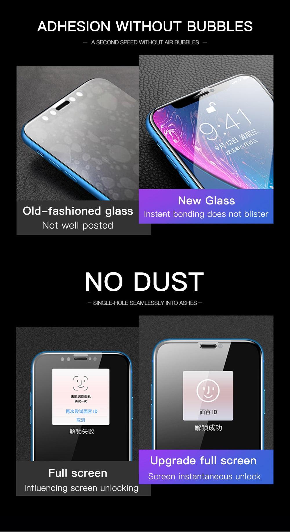 Verre trempé 20D pleine couverture pour iPhone 11 12 13 mini Pro X XR XS Max, protecteur d'écran pour iPhone 6 7 8 Plus SE, Film de protection HD transparent, installation facile, cadre, dureté 9H, sans bulles, anti-rayures et anti-traces de doigts