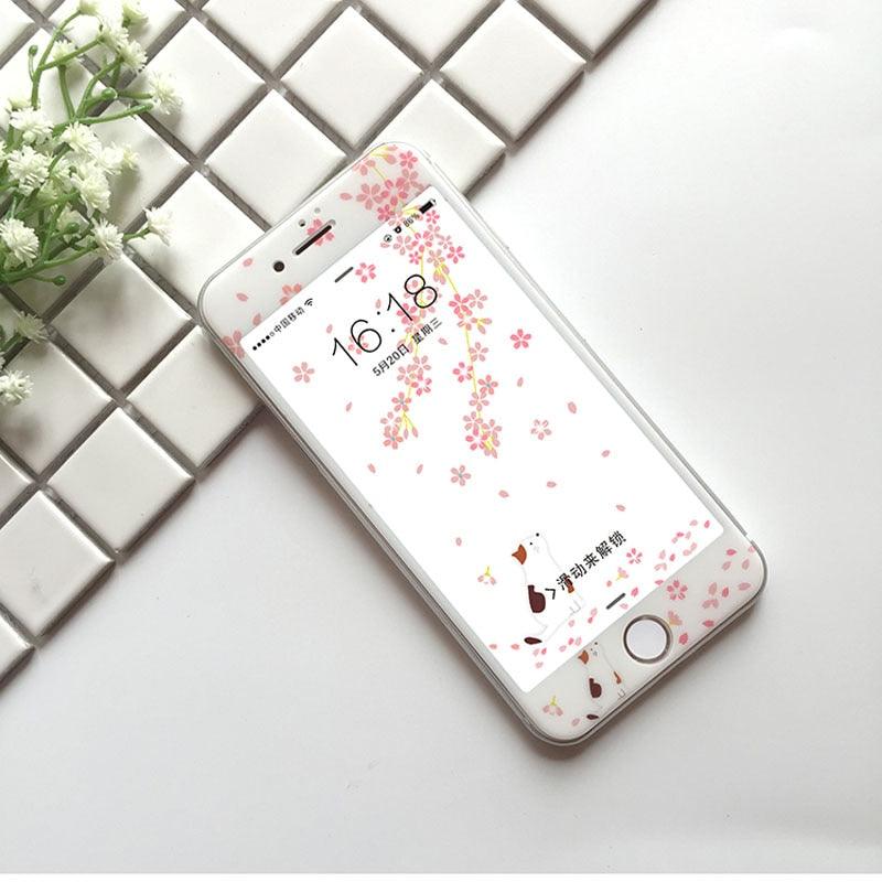 Protecteur d'écran Cartoon Fleurs pour iPhone 13 12 11 Pro Max Bord Souple Verre Trempé pour iPhone XS MAX XR 7 8 PLUS Cadre d'installation facile Mignon Dureté 9H Couverture complète Sans bulles Design Mignon Fleurs de Cerisier Verre pour iPhone