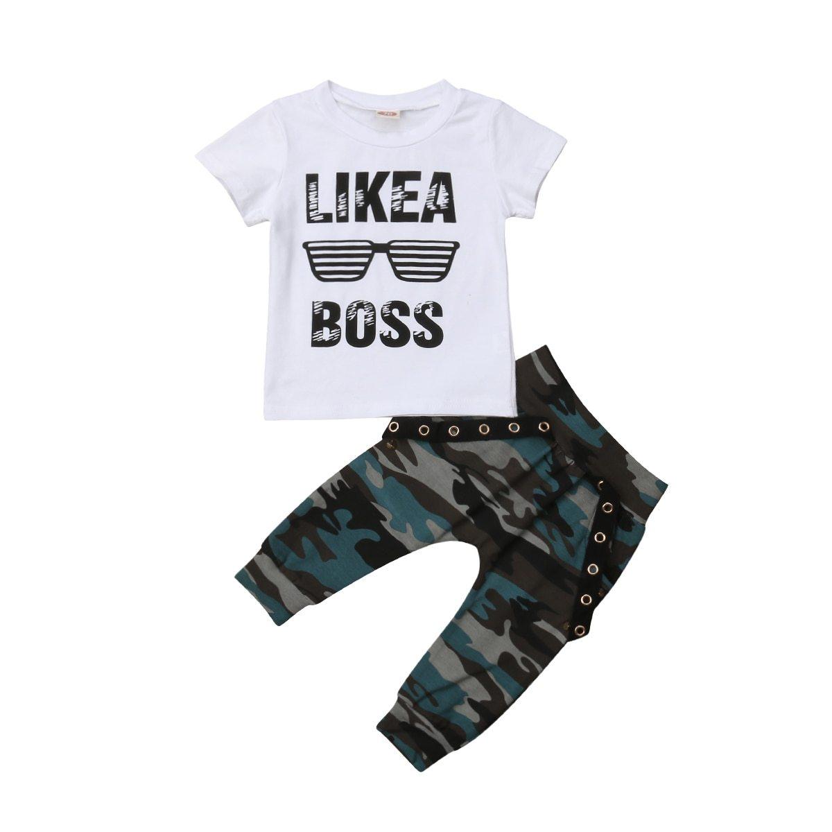 Ensemble bébé garçon pantalon et t-shirt à manches courtes d'été, motif « Like A Boss », style militaire, pour nourrissons et tout-petes