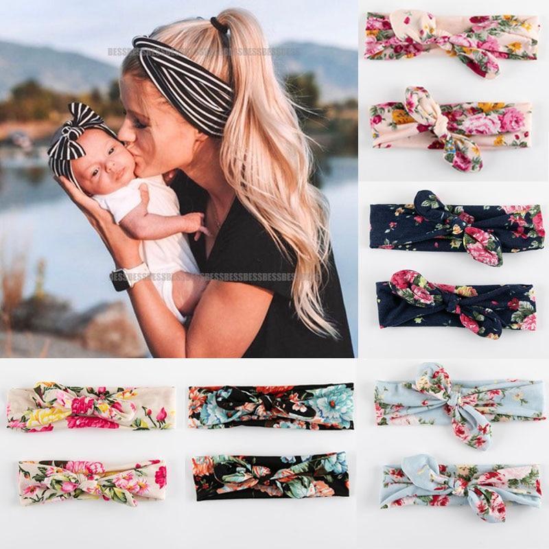Bandeaux modernes mère et bébé, nœud pour enfants filles avec imprimé oreilles de lapin, bandes de cheveux florales, accessoires de cheveux parent-enfant