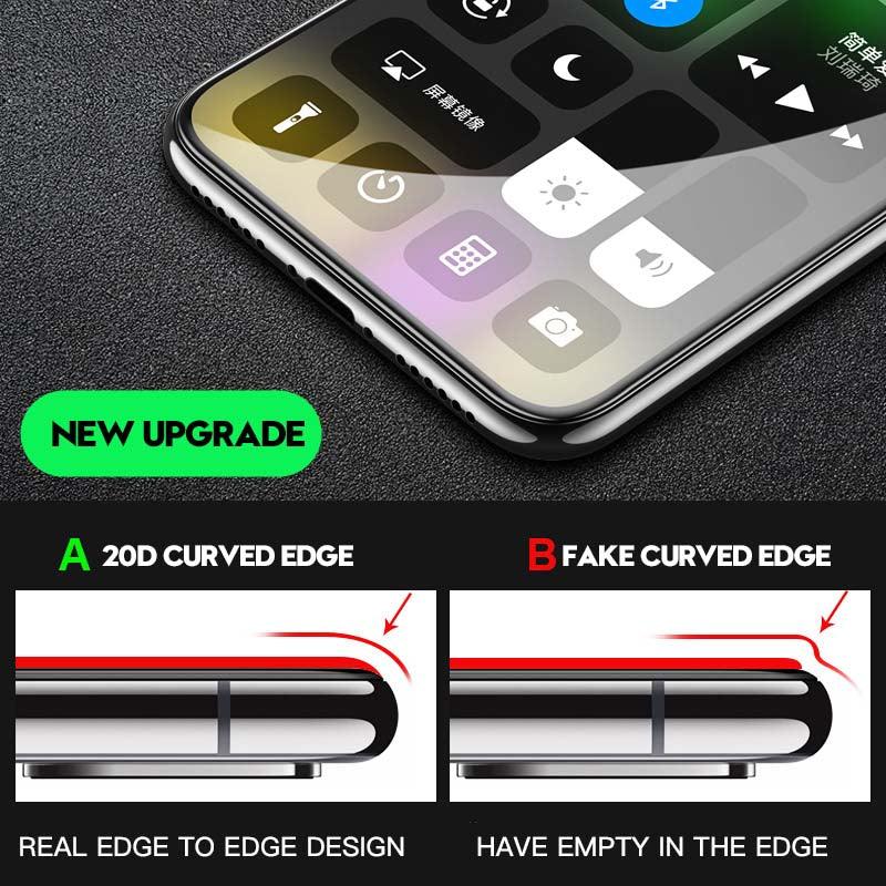 Verre trempé 20D pleine couverture pour iPhone 11 12 13 mini Pro X XR XS Max, protecteur d'écran pour iPhone 6 7 8 Plus SE, Film de protection HD transparent, installation facile, cadre, dureté 9H, sans bulles, anti-rayures et anti-traces de doigts