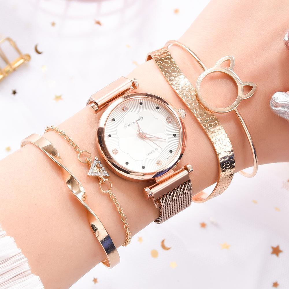 Ensemble Mode Montres Femme Luxe Boucle Magnétique Fleur Strass Montre Dames Quartz Montre-Bracelet Avec Bracelet En Ensemble Pour Femmes et Filles
