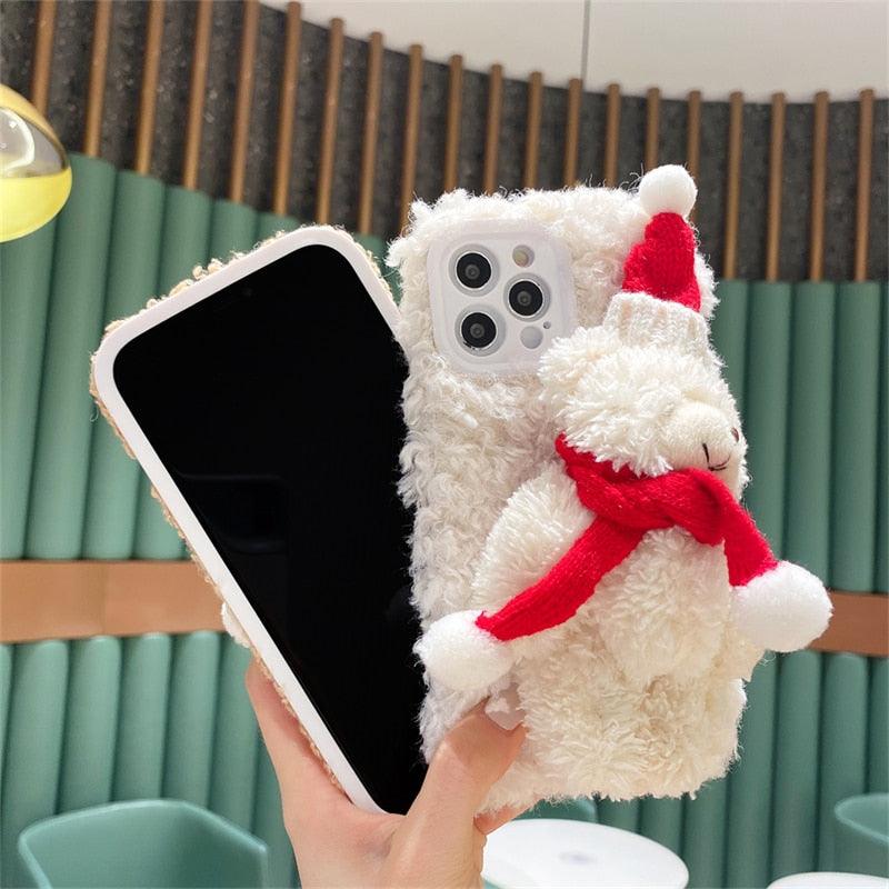 Jolie housse de Noël en peluche d'ours en peluche 3D Père Noël pour iPhone 13 12 11 Pro Xs Max X Xr 7 8 Plus Se3 Housse souple antichoc Housse souple ultra douce en fausse fourrure pelucheuse à oreilles de lapin chaude et amusante pour l'hiver