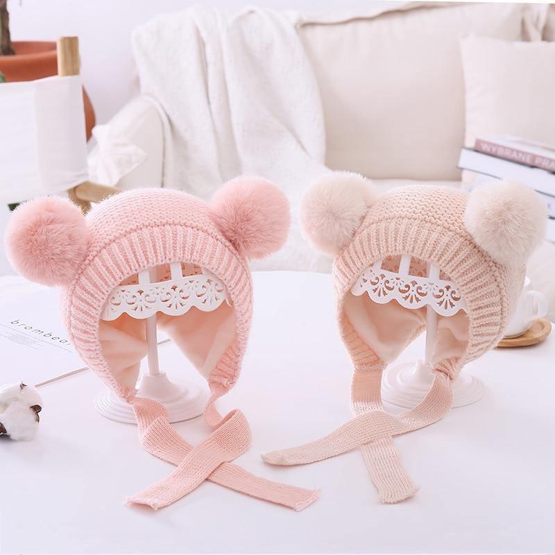 Chapeau d'Hiver de Noël Tricoté pour Bébé Fait à la Main Tendance Moderne Mignon Double Pompom Bonnet pour Nouveau-né Garçon Fille Cache-Oreilles Chapeaux Enfants