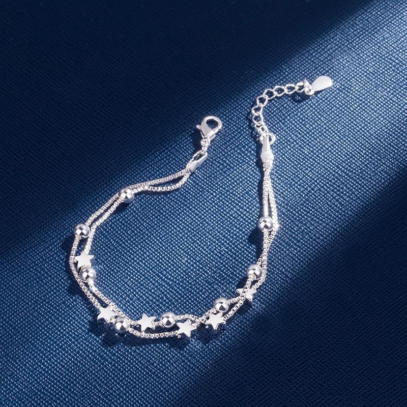 Nouveau Bracelet de luxe moderne en argent sterling 925 à double couche avec perles d'étoiles pour femmes, élégant bracelet à chaîne avec pendentifs, cadeau d'anniversaire (étoile argentée)