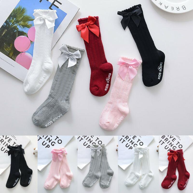 Chaussettes hautes bébé fille en 100% coton avec grand nœud et dentelle douce