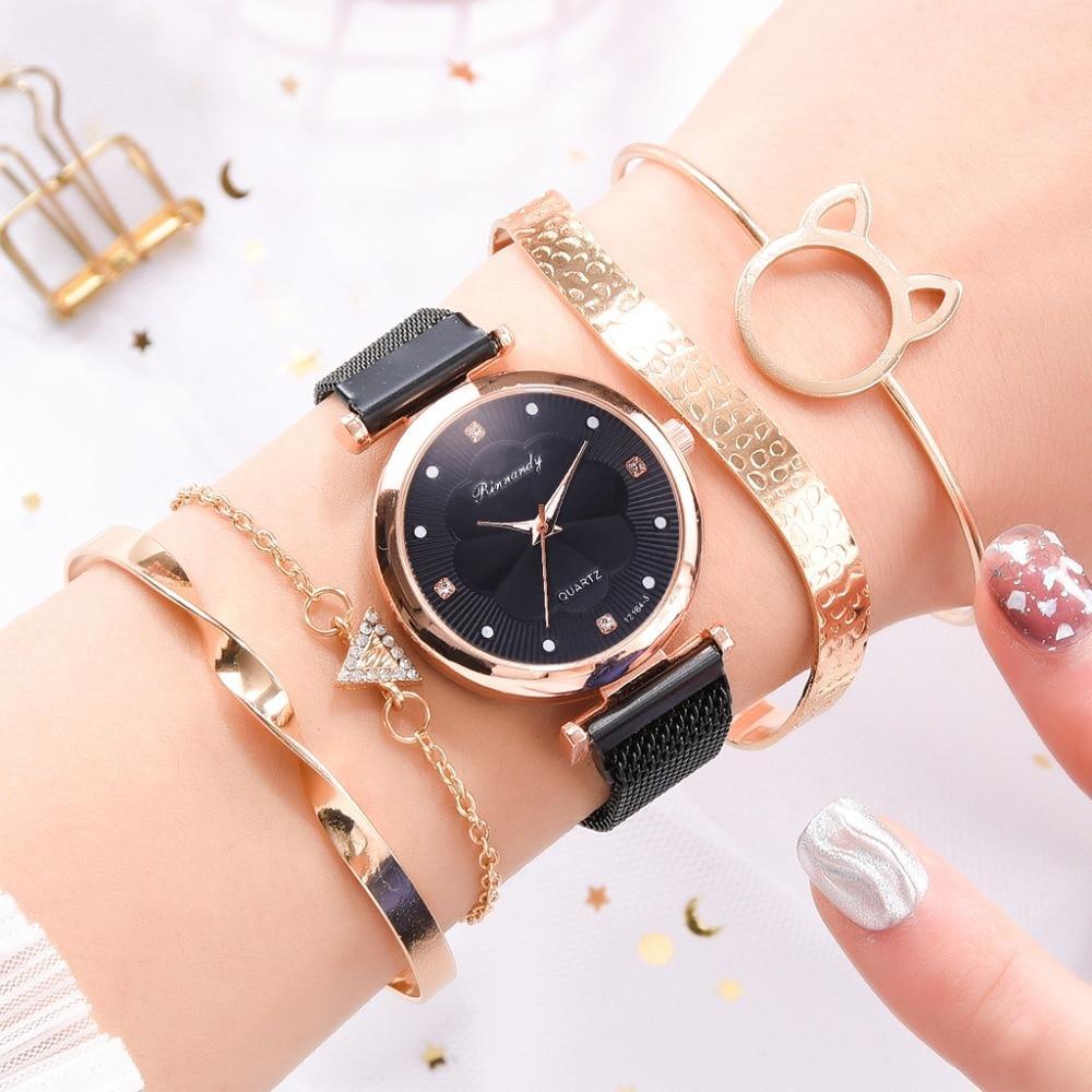 Ensemble Mode Montres Femme Luxe Boucle Magnétique Fleur Strass Montre Dames Quartz Montre-Bracelet Avec Bracelet En Ensemble Pour Femmes et Filles