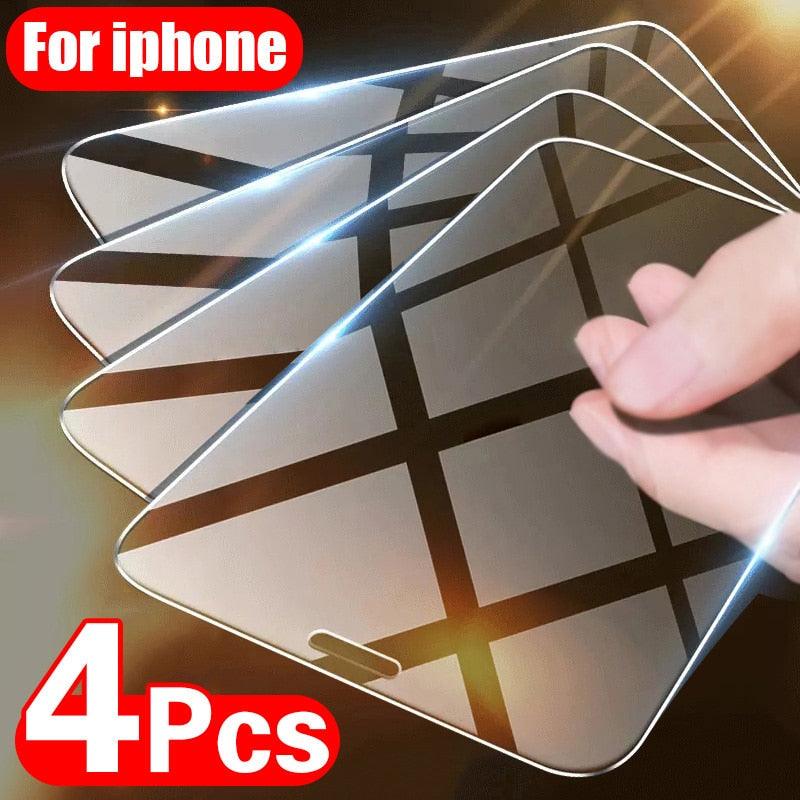 4 Films de protection en verre trempé pour iPhone 11 12 13 14 Pro XR X XS Max Protecteur d'écran pour iPhone 12 Pro Max Mini 7 8 6 6S Plus SE Verre trempé Installation facile du cadre Film de protection HD ultra-mince