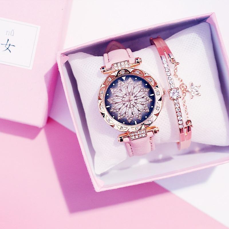 Ensemble de Montre Élégante et Populaire pour Femmes, Montre-Bracelet de Luxe Étoilée avec Bracelet en Cuir Décontracté à Quartz, Idéale pour Femmes et Filles