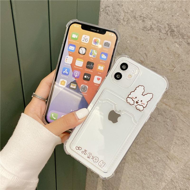 Coque de Téléphone Anti-choc Lapin Dessin Animé Ours Mignon pour iPhone 11 12 13 14 Pro Housse Souple Rigolote Ours Mignon Etui Souple et Mince avec Fente pour Cartes Esthétique Porte-Cartes