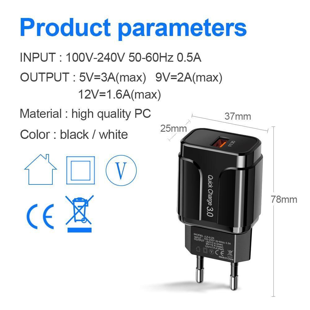 Chargeur USB 3A noir Quick Charge 3.0 Adaptateur secteur mural UE pour téléphone portable Charge rapide QC3.0