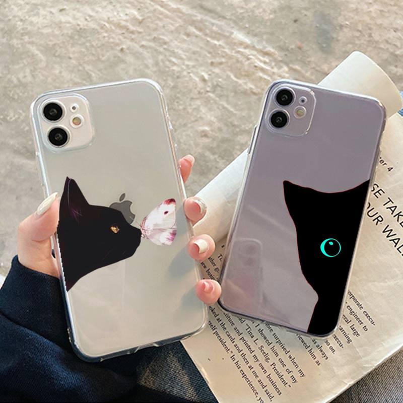 Coque de téléphone mignon chat noir pour iPhone 13 11 12 Pro XS MAX 8 7 6 6S Plus X 5S SE 2020 XR – Étui de téléphone antichoc souple, brillant et élégant avec un chat mignon