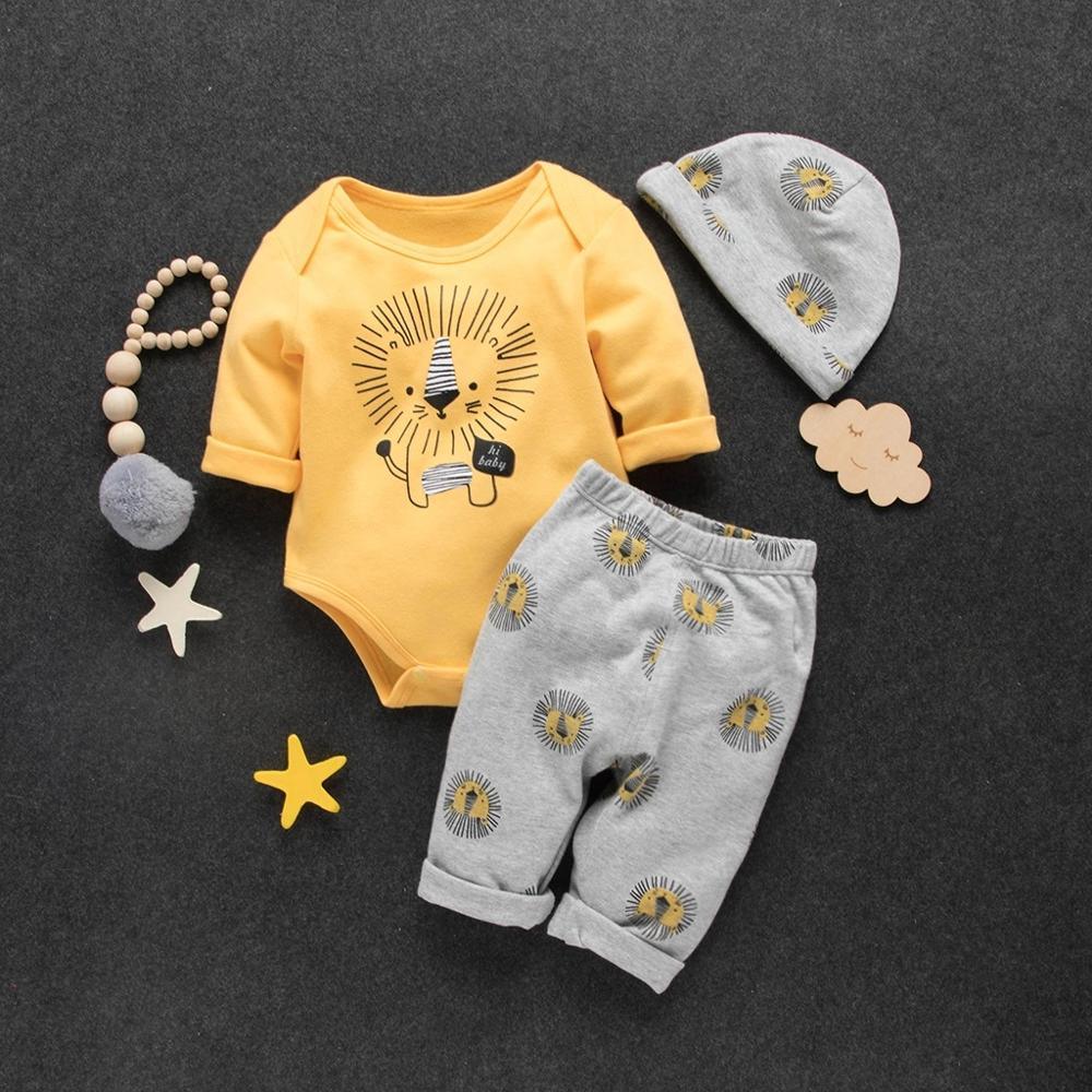 Ensemble de pyjama en coton automne et hiver avec lion, combinaison décontractée, pantalon et chapeau pour bébés garçons et filles