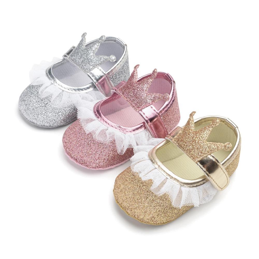 Chaussures de bébé fille nouveau-né, tout-petit, enfants, motif couronne pailletée, semelle souple antidérapante